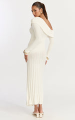 Elaine Midi Dress - Knit Off Shoulder Asymmetric Panel Dress in Cream