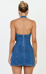 Peggy Mini Dress - Denim Buckle Halter Neck Fitted Dress in Dark Blue Wash