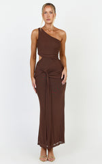 Mandy Midi Dress - Knot Detail Cut Out Mesh Dress in Chocolate