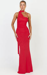 Larson Maxi Dress - Asymmetric Tie Neck Column Dress in Red