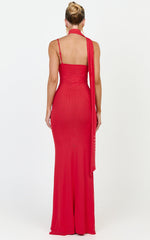 Larson Maxi Dress - Asymmetric Tie Neck Column Dress in Red