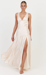 Alessandra Maxi Dress - Ruched Leg Split Dress in Champagne