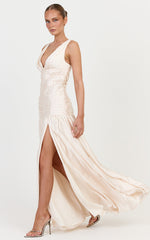 Alessandra Maxi Dress - Ruched Leg Split Dress in Champagne