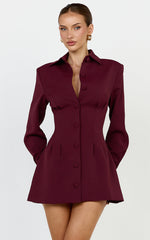Thelma Mini Dress - Button Front Pleat Waist Tulip Skirt Shirtdress in Wine