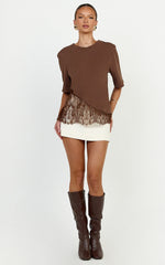 Abby Top - Asym Tee with Lace Trim in Chocolate