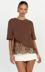 Abby Top - Asym Tee with Lace Trim in Chocolate