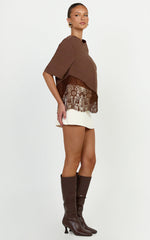 Abby Top - Asym Tee with Lace Trim in Chocolate