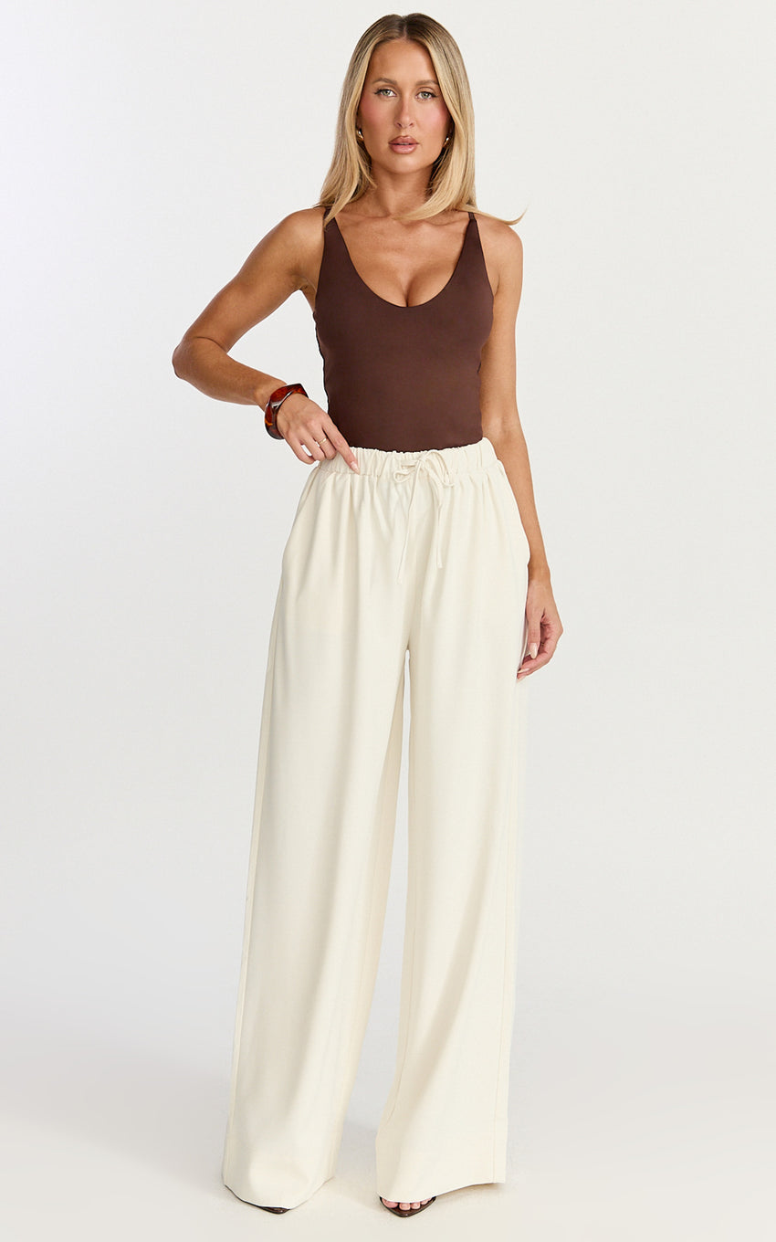 Nicole Pants - High Waist Elasticated Gathered Waist Wide Leg Pants in Cream