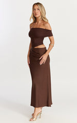 Zuri Midi Dress - Cut Out Draped Shoulder Dress in Chocolate