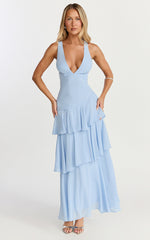 Beryl Midi Dress - Deep V Neck Sleeveless Layered Dress in Blue