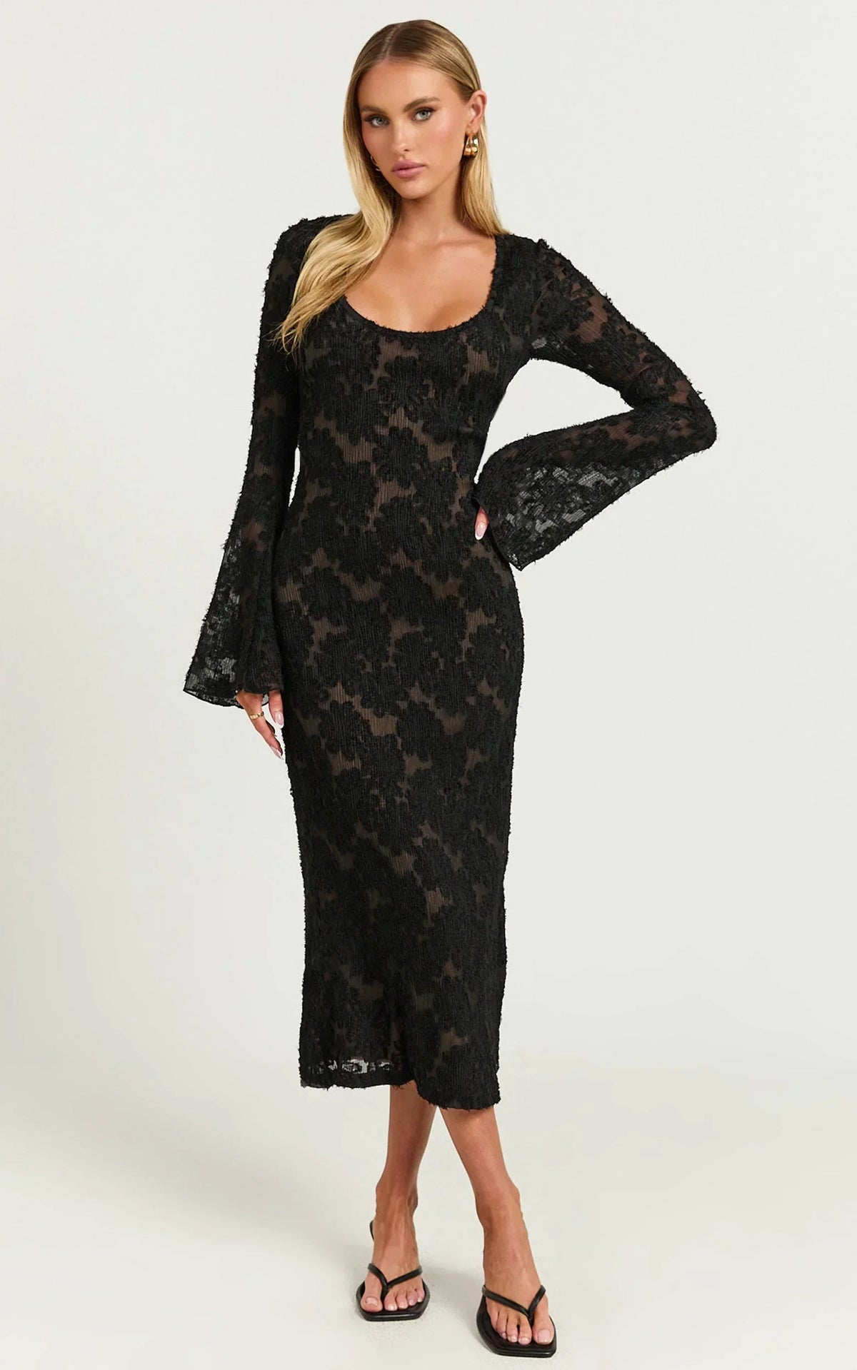 Kathy Midi Dress - Scoop Neck Long Sleeve Jacquard Textured Dress in Black