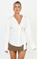 Heloise Top - Wrap Front Buckle and Tie Detail LS Shirt in White