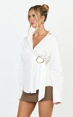 Heloise Top - Wrap Front Buckle and Tie Detail LS Shirt in White