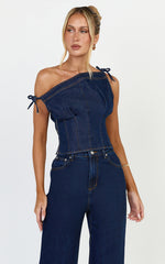 Ivy Top - Asymmetrical Neckline Tie Detail Stretch Denim Top in Dark Blue Wash