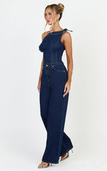 Ivy Top - Asymmetrical Neckline Tie Detail Stretch Denim Top in Dark Blue Wash