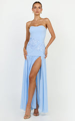 Jefferies Maxi Dress - Peplum Bodice Contrast Georgette Dress in Light Blue