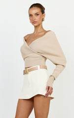 Petra Top - Long Sleeve Wrap Ribbed Knit Top in Oat Marle