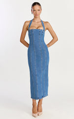 Skye Midi Dress - Halter Neck Panelled Denim Dress in Mid Blue Wash