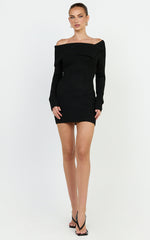 Tess Mini Dress - Asymmetric Off Shoulder Long Sleeve Knit Dress in Black