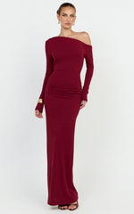 Faith Maxi Dress - Off Shoulder Long Sleeve Maxi Dress in Wine