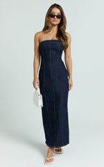 Keziah Maxi Dress - Denim Strapless Bodycon Dress in Indigo Wash