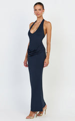 Heath Maxi Dress - Scoop Halter Neck With Drape Front Skirt Back Split Dress in Navy