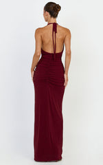 Coraline Maxi Dress - Plunge Neckline Lurex Mesh Halter Dress in Wine
