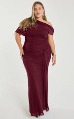 Nicolette Maxi Dress - Cape Sleeve Off Shoulder Dress in Wine