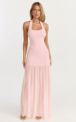 Barbara Maxi Dress - Halter Scoop Neck Contrast Georgette Dress in Pink