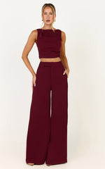 Helen Two Piece Set - Crepe Twisted Top And Wide Leg Pants in Wine