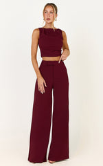Helen Two Piece Set - Crepe Twisted Top And Wide Leg Pants in Wine