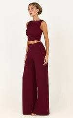 Helen Two Piece Set - Crepe Twisted Top And Wide Leg Pants in Wine