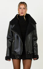 Isolde Jacket - Faux Leather Shearling Biker Jacket in Black Base with Black Borg