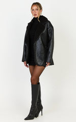 Esme Coat - Double Breasted Belted Faux Leather Faux Fur Lined Jacket in Black