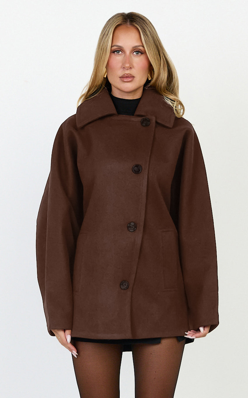 Rina Coat - Oversized Three Button Front Closure Coat in Chocolate
