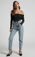 Jaythen Bodysuit - Long Sleeve Off Shoulder Ruched Mesh Bodysuit in Black