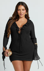 Alesya Mini Dress - Ruffle Plunge Neck Long Sleeve Tie Detail Dress in Black
