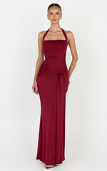 Amaya Maxi Dress - Draped Sash Halter Dress in Burgundy