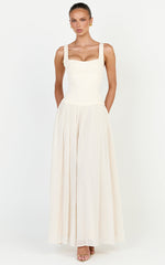 Amoura Maxi Dress - Square Neck Contrast Pleated Georgette Dress in Cream