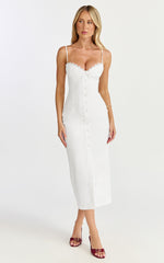 Anessa Midi Dress - Button Front Bustier Fitted Dress in White