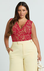 Antonia Top - V Neck Lace Detail Top in Dark Red