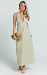 Beata Midi Dress - Plunge Halter A Line Dress in Sage