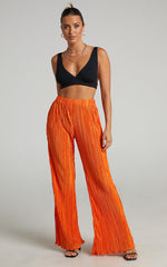Beca Pants - High Waisted Plisse Flared Pants in Bright Orange
