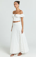 Belle Two Piece Set - Off Shoulder Top and Maxi Skirt Set in White