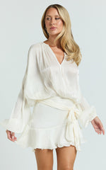 Carmela Mini Dress - Long Sleeve Tie Neck Ruffle Skirt Dress in Off White