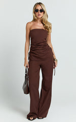 Cassia Two Piece Top and Pants Set - Strapless Top And Pants in Chocolate