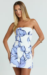 Catharine Mini Dress - Strapless A Line Dress in Blue Floral