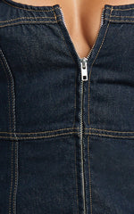 Chrysoula Mini Dress - Square Neck Zip Front Sleeveless Bodycon Denim in Raw Denim with Tobacco Stitch