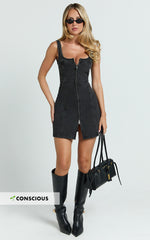 Chrysoula Mini Dress - Square Neck Zip Front Sleeveless Bodycon Denim in Washed Black