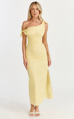 Cincinnati Midi Dress - Off The Shoulder Side Split Column Linen Dress in Lemon